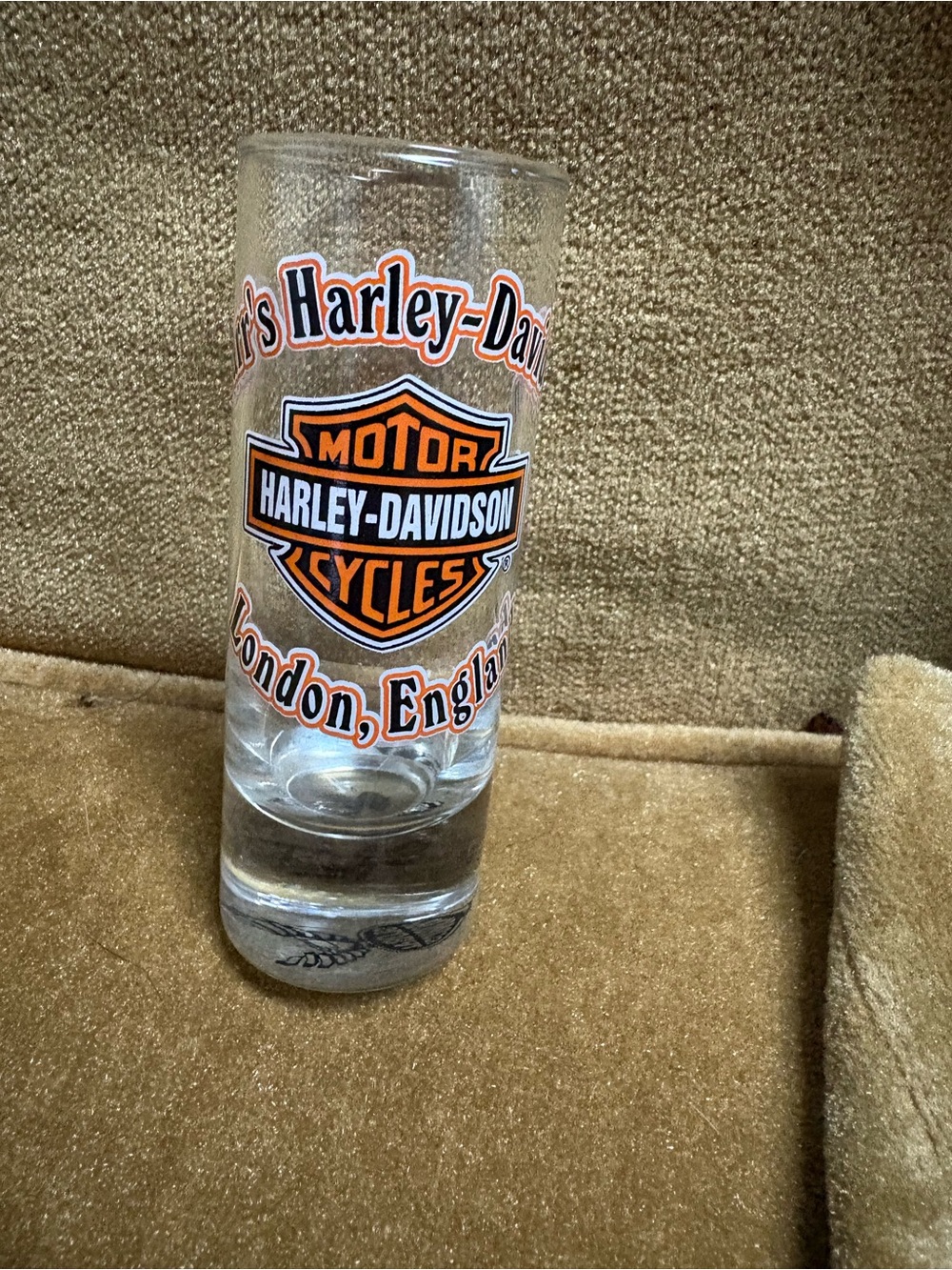 Harley-Davidson Clear Shot Glass with Orange and Black Logo